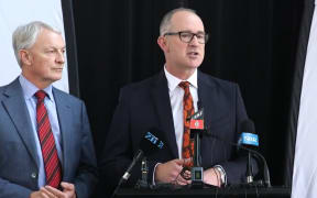 Phil Goff (left) and Phil Twyford (right) announce new funding for Auckland transport projects. 26 April 2018.