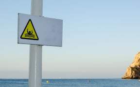 Sign on a beach resort warning of strong rip currents
