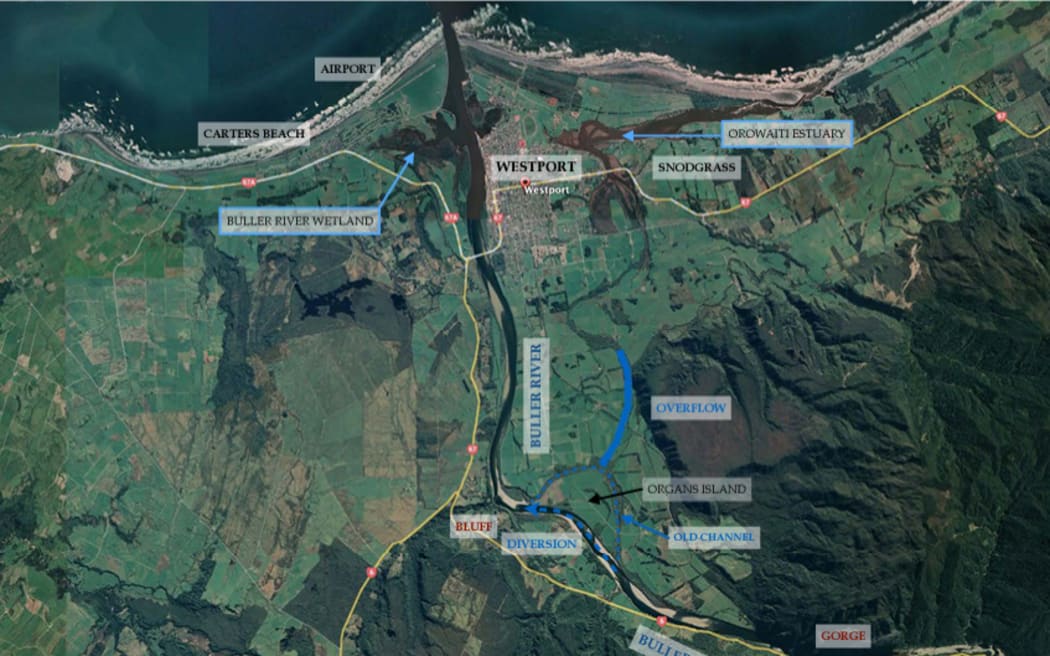 Buller flooding map - An aerial view of the Westport area showing the main flooding pressure point at Organs Island, bottom.