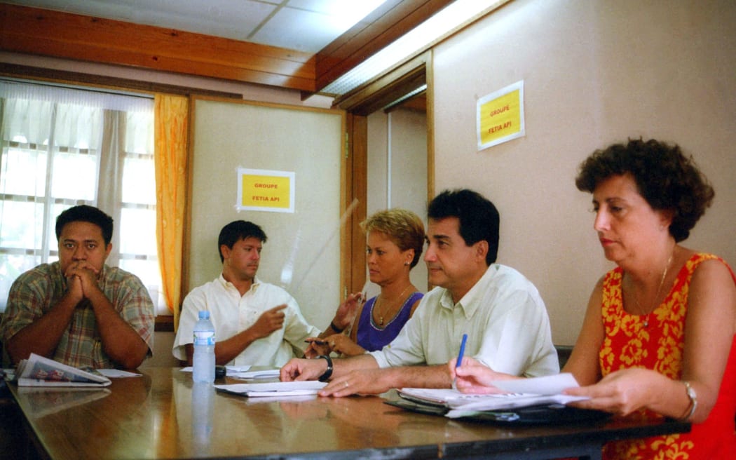Photo of the  Fetia Api party in the 2nd constituency of Polynesia, Arsen Tuairau (L), of his alternate Ferfine Beyssere (R), and of the president of their party, Boris Léontieff (2nd on the right). The three members of the opposition party have been missing since May 23, the date of the crash in the Tuamotu archipelago of the piper PA34 tourist plane which was transporting them.