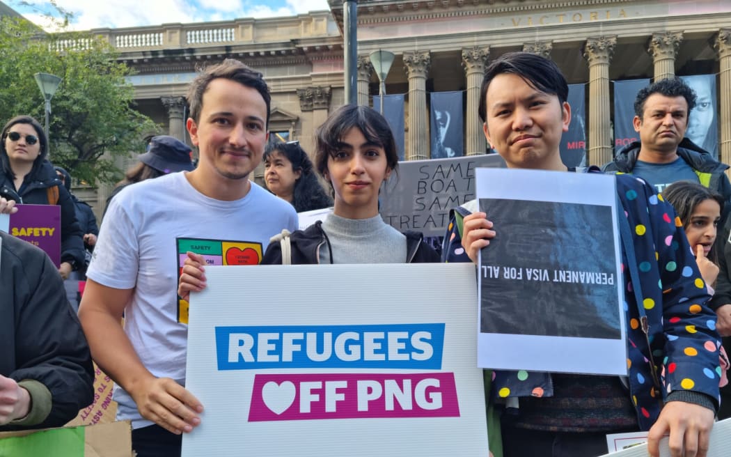 Asylum Seeker Resource Centre's advocacy manager Ogy Simic (left) at rally in July 2023.