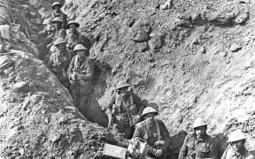 New Zealand infantry in the Switch Line at the Battle of Flers–Courcelette, September 1916.
