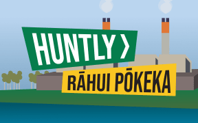 'Huntly' and 'Rāhu Pōkeka' in the style of old NZ road signs