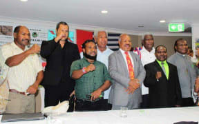 OPM Free West Papua Movement members alongside two PNG MPs at a press conference in Port Moresby, February 2019.