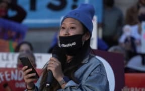 HARRISBURG, PENNSYLVANIA - NOVEMBER 05: Activist Sarah Min of the Woori Center speaks during a Count Every Vote demonstration at Pennsylvania State Capitol on November 05, 2020 in Harrisburg, Pennsylvania.