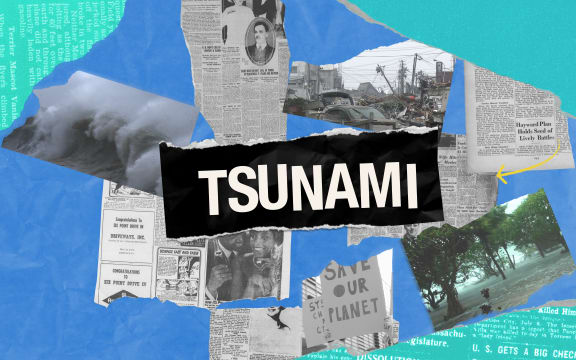 Title of tsunami and images of news article and after-effects of tsunami