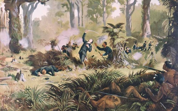 Kennett Watkins’ romanticised painting of the death of Gustavus von Tempsky during a battle against Tītokowaru at Te Ngutu-o-te-Manu, 1868.