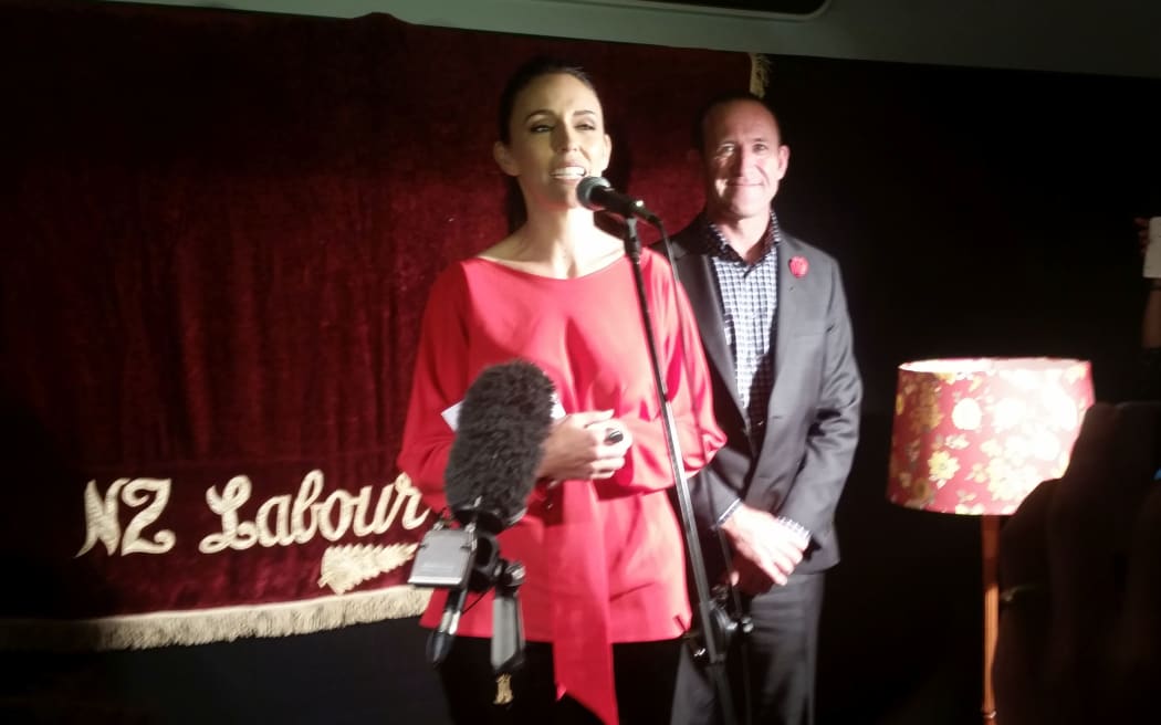 Jacinda Ardern speaking after she won the Mt Albert by-election with Labour Party leader Andrew Little.