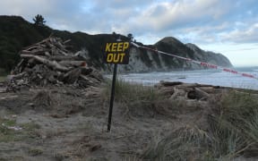 A warning for beachgoers at Tolaga Bay.
