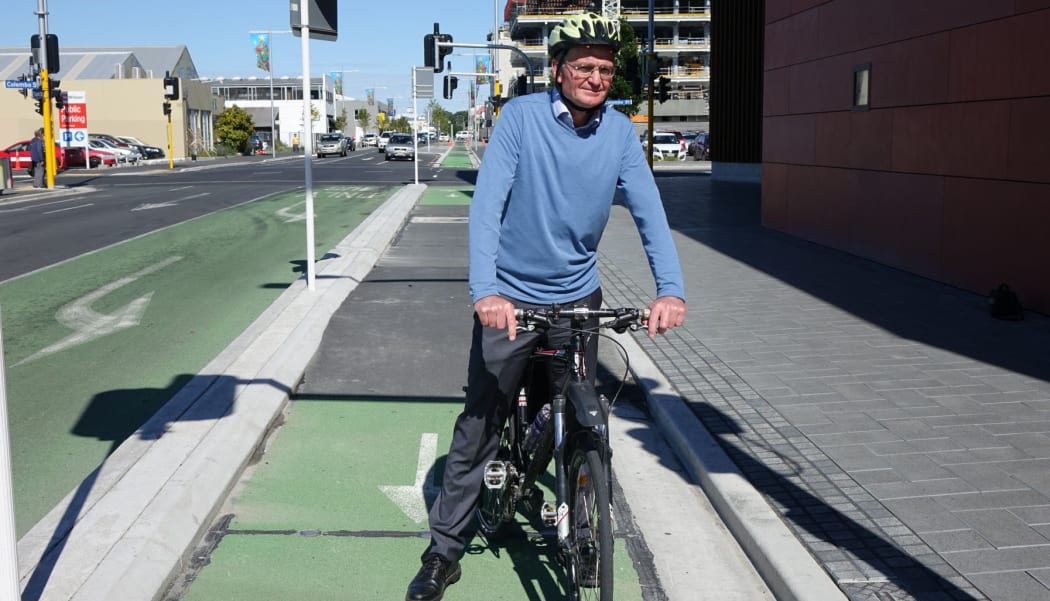 Don Babe on the cycleway as it passes in front of main entry to the bus interchange.
