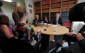 Rodney Harrison QC, left, Deborah Manning, and Richard McLeod announce they are to act for Afghan families affected by the 2010 SAS raid.