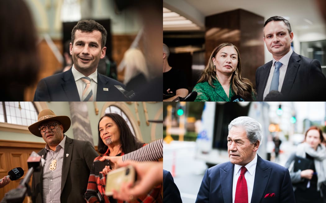 A composite image containing four separate photos of the leaders of four separate minor parties, all taken while the leaders are answering questions from media: from left going clockwise, David Seymour from ACT, Marama Davidson and James Shaw from the Greens, Winston Peters from New Zealand First, and Debbie Ngarewa-Packer and Rawiri Waititi from Te Paati Māori.