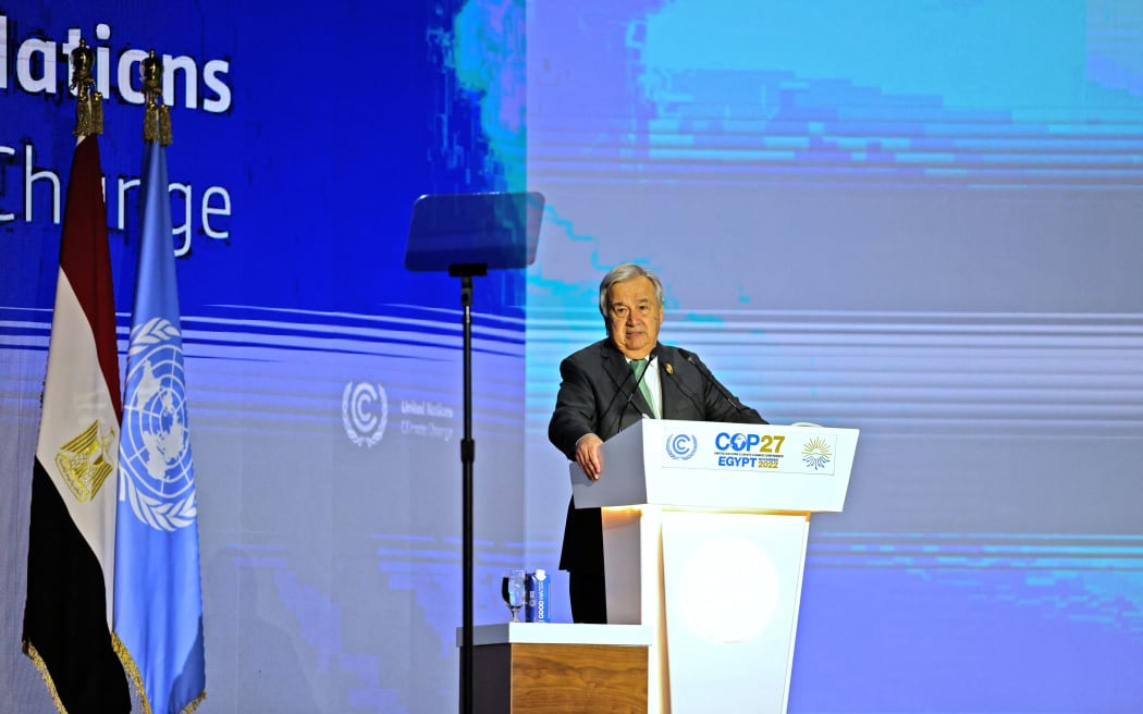 United Nations Secretary General Antonio Guterres delivers a speech at the leaders summit of the COP27 climate conference at Sharm el-Sheikh, Egypt, on 7 November 2022.