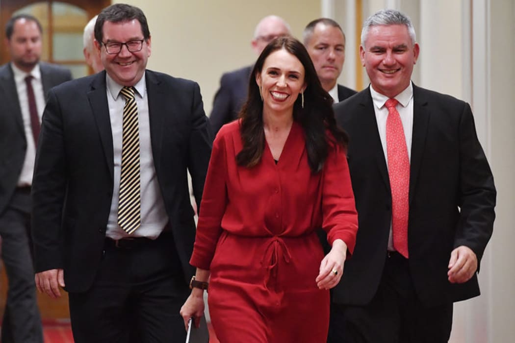 Labour Party leader Jacinda Ardern with MPs Kelvin Davis, right, and Grant Robertson.