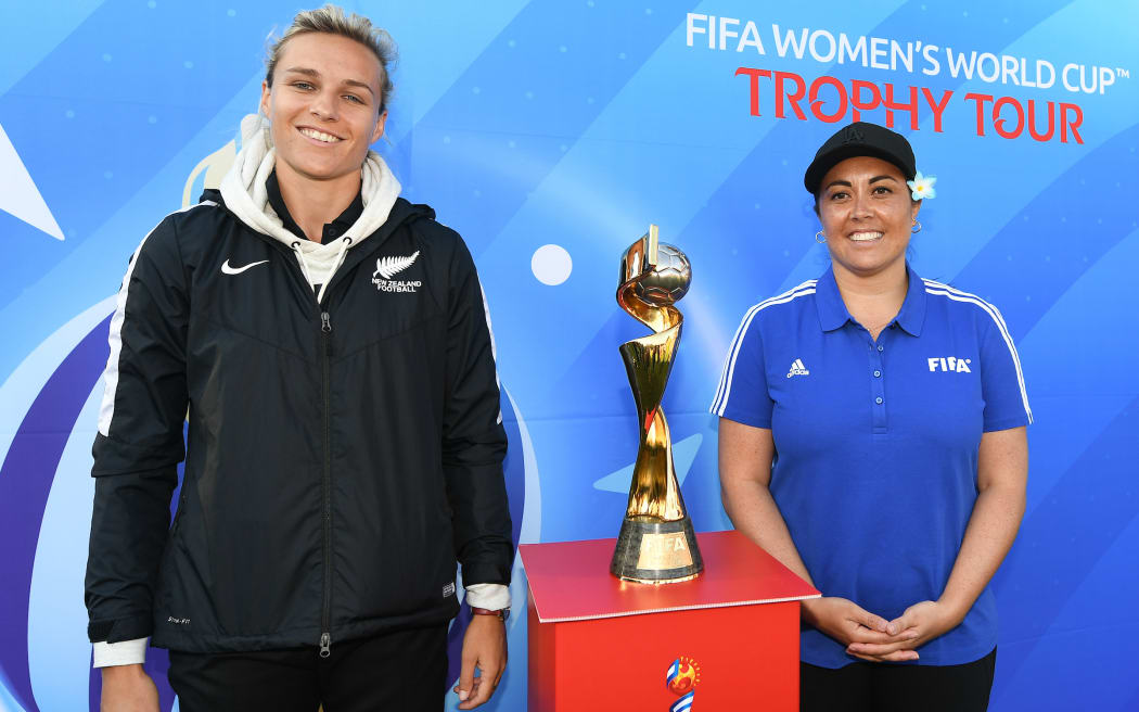 Football Ferns striker Hannah Wilkinson with FIFA Chief Women's Football Officer Sarai Bareman.
FIFA Women's World Cup trophy tour, Eden Park Outer Oval, Auckland, New Zealand. Thursday 4 April  2019. © Copyright photo: Andrew Cornaga / www.photosport.nz