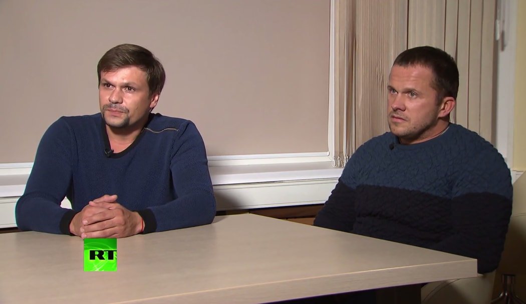A screengrab of the the Russian men identified as Alexander Petrov and Ruslan Boshirov speaking to the RT channel in Moscow,