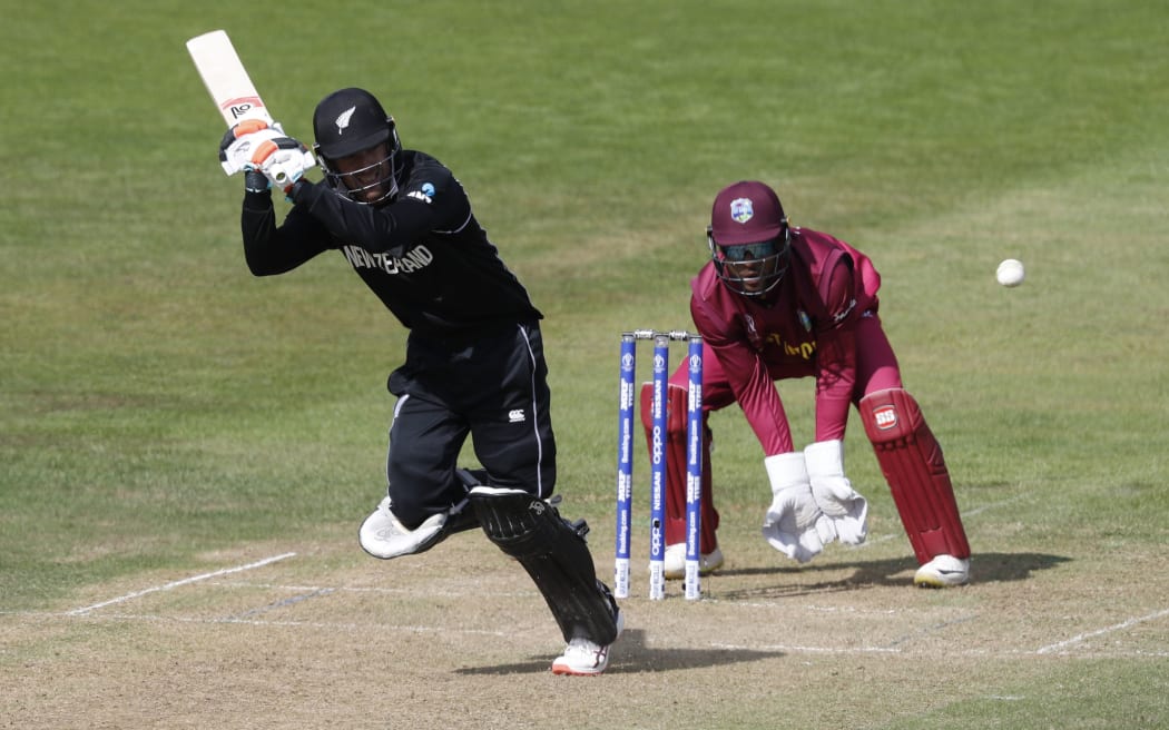 New Zealand's Tom Blundell plays a shot during the 2019 Cricket World Cup warm up match between the West Indies and New Zealand in Bristol.