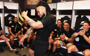 Ma'a Nonu busts a move in the All Blacks' dressing room after winning the Rugby World Cup Final.
