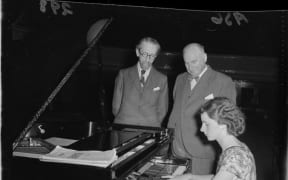 Lola Johnson with L D Austin & R L Macalister and new Town Hall piano 1956