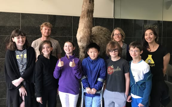 Nanogirl, Dr Lara Shepherd and Dr Alan Tennyson with students from Clyde Quay School including; Noelle Schille, Aiden Zhao, Nate Toews, Sadie Donaldson and Eleanor Royson.