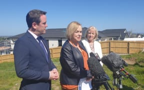 National Party leader Judith Collins, centre, with housing spokesperson Jacqui Dean and associate housing spokesperson Simon O'Connor announcing the party's housing policy.