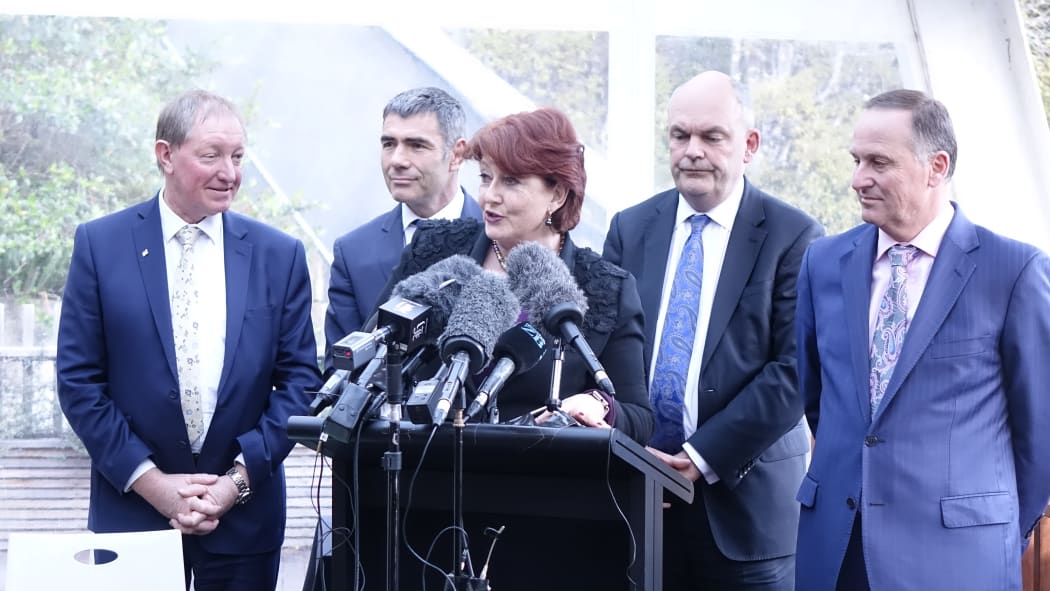 Ministers at the predator free announcement: Nick Smith, Nathan Guy, Maggie Barry, Steven Joyce, John Key.