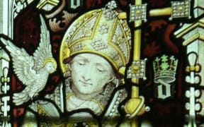 Stained glass window in Jesus College Chapel, Oxford, showing St David. Late 19th century.