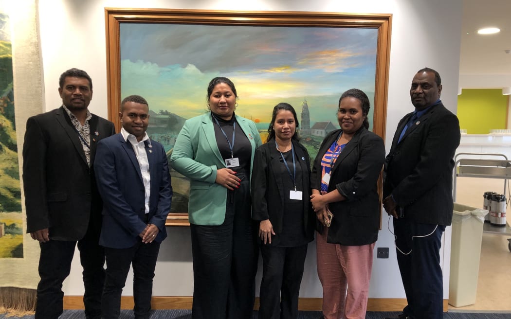 Pacific delegates from Vanuatu, Solomon Islands, and Nauru at the IMO's climate summit in London. 6 July 2023