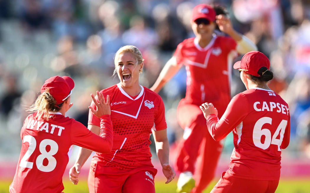 England bowler Katherine Brunt celebrates the wicket of Sophie Devine at the Commonwealth Games.