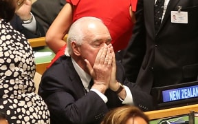 New Zealand's United Nations Permanent Representative Jim McLay reacts after New Zealand was elected as a non-permanent member of the Security Council.