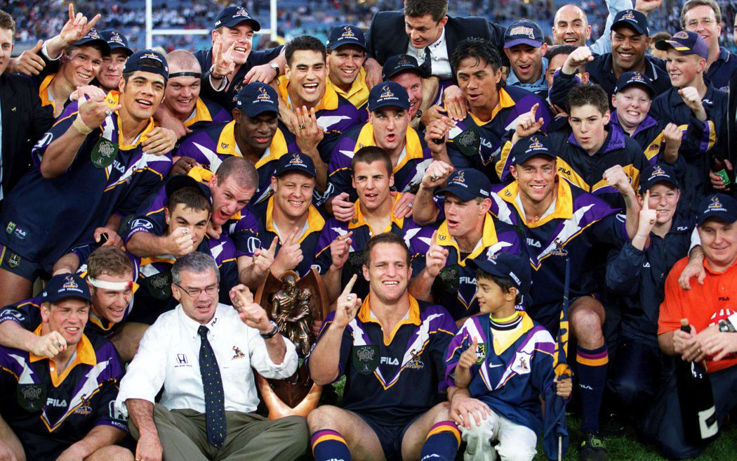 The Melbourne Storm celebrate their 1999 NRL Grand Final win.