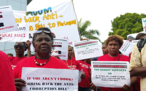 Protestors in Solomon Islands hold up placards during a march to petition government to bring back its proposed anti-corruption laws. September 2017