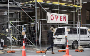 The cordon around quake-damaged buildings on Featherston Street in central Wellington.