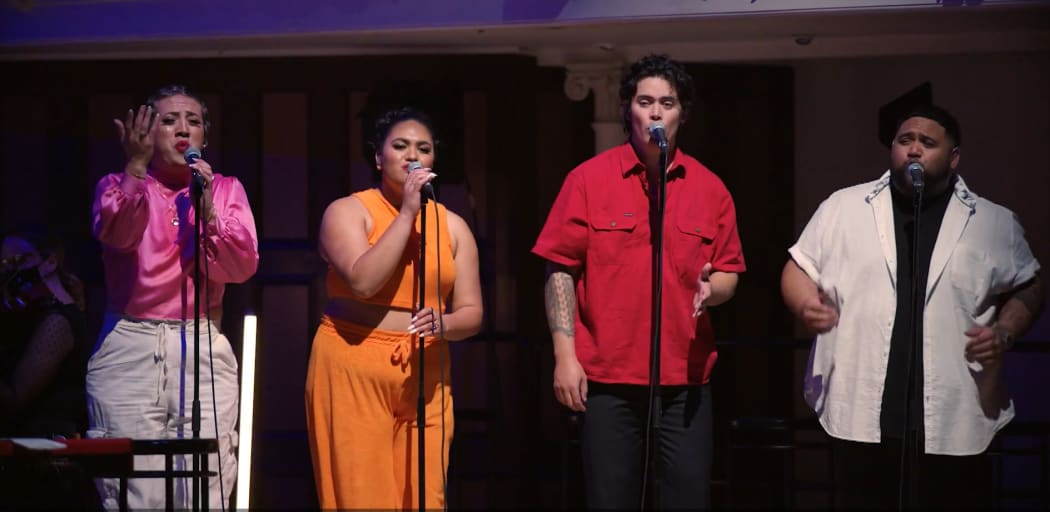 The backing vocalists performing with Rob Ruha and the Auckland Philharmonia Orchestra in Auckland Town Hall