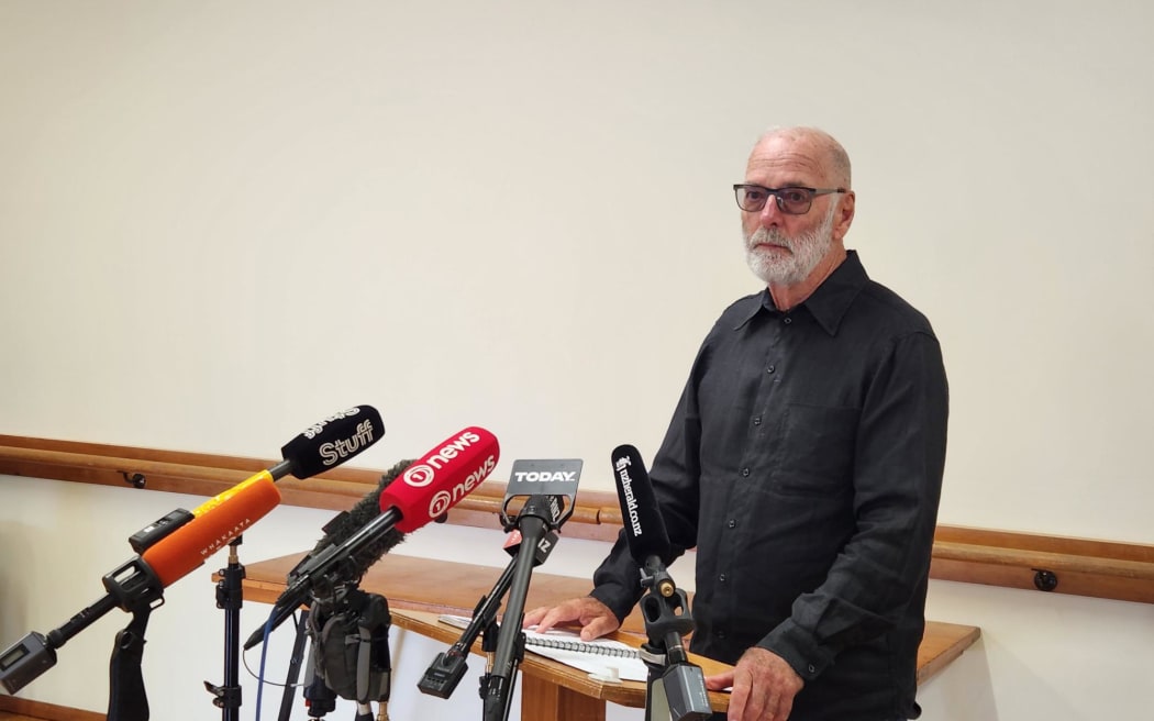 Auckland Mayor Wayne Brown speaking to the media about the Auckland flooding on 30 January 2023.