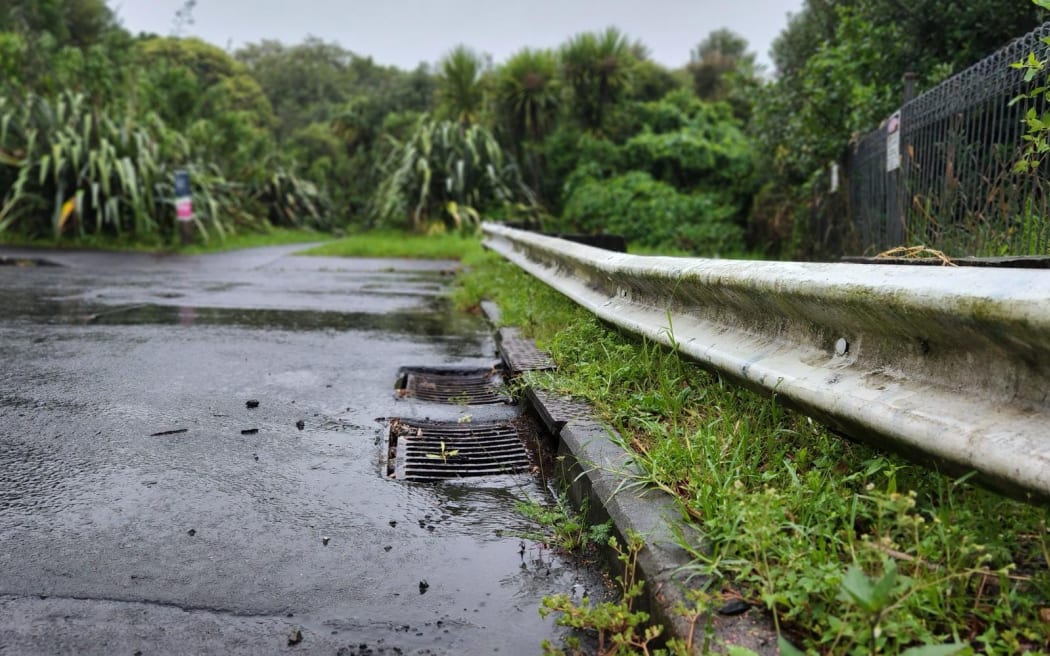 A waterlogged street in Grey Lynn, Auckland, showing a drain.