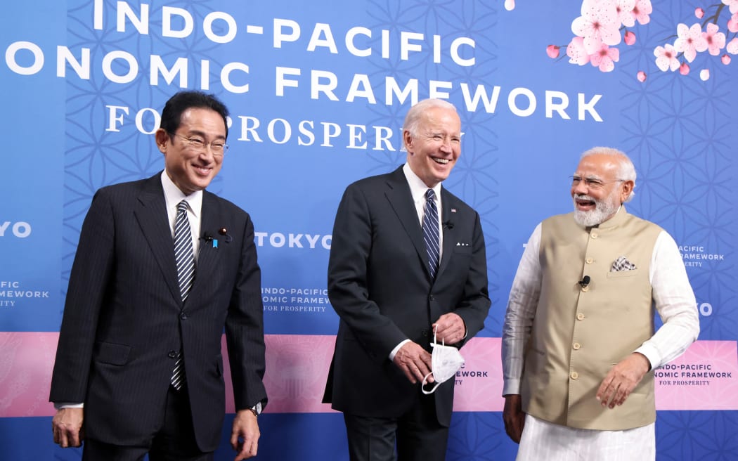 Japanese Prime Minister Fumio Kishida, US President Joe Biden and Indian Prime Minister Narendra Modi attend a starting event for IPEF, Indo-Pacific Economic Framework, in Tokyo on May 23, 2022.