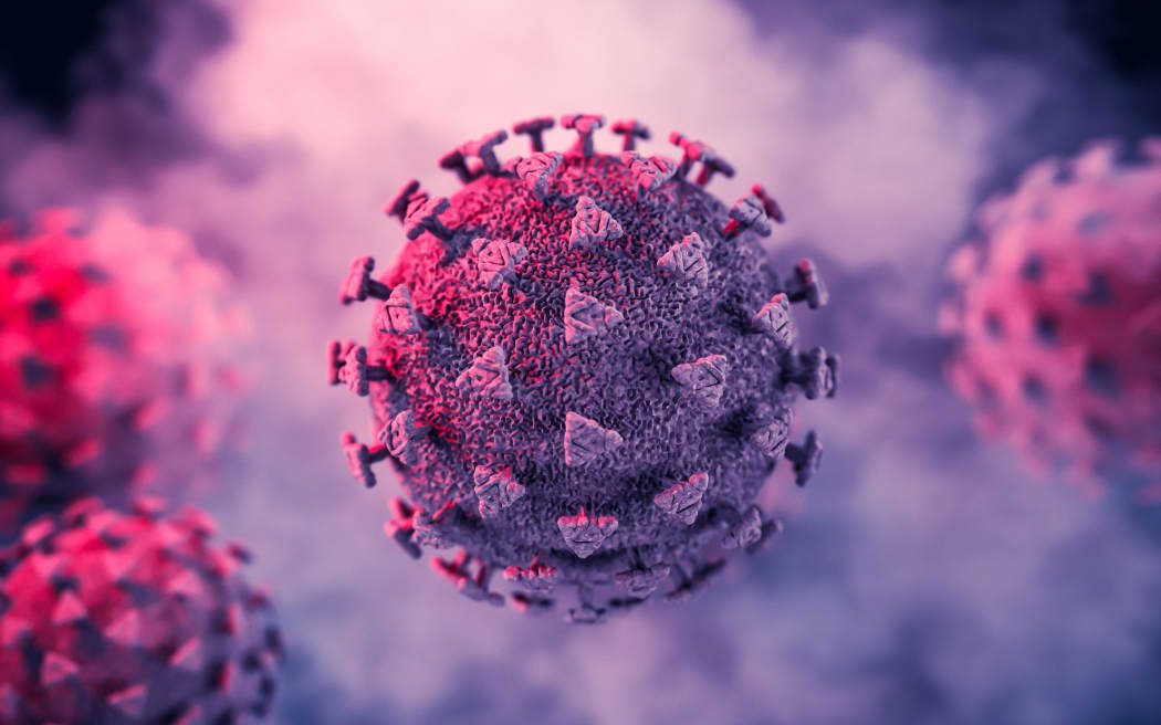 冠状病毒 COVID-19、SARS-CoV-2、3D 插图。 具有表面尖峰的冠状病毒的特写视图