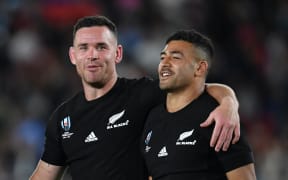 New Zealand's Ryan Crotty with Richie Mo'unga after their 23-13 victory at the
Rugby World Cup.