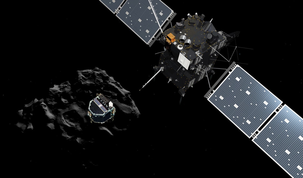 An artist impression of the European probe Philae separating from its mother ship Rosetta and descending to the surface of comet 67P.