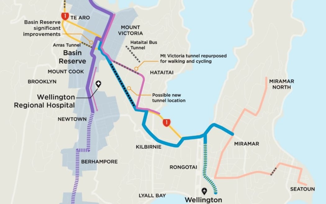A map of public transport routes in the government's preferred Let's Get Wellington Moving option.