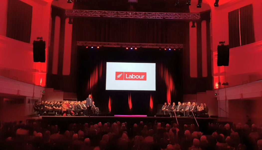 The red-lit Dunedin Town Hall, the venue for  this year's Labour party conference.