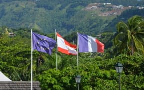 The flags of the EU, French Polynesia and France