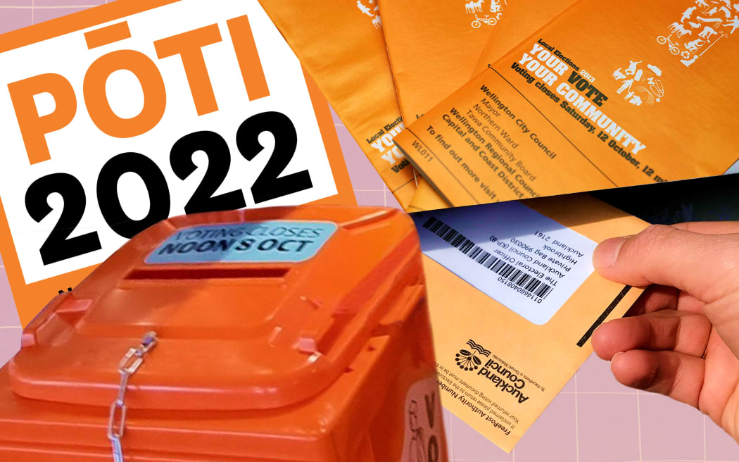 Collage of orange voting bin, hand with envelope, voter brochure and vote 2022 sign.