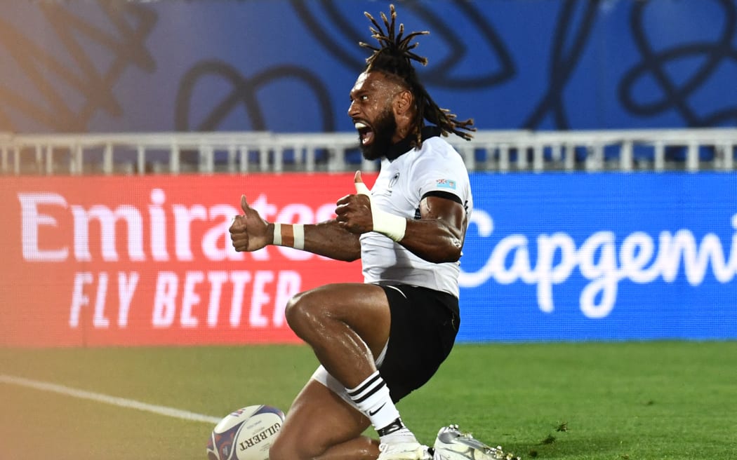 Fiji's outside centre and captain Waisea Nayacalevu celebrates scoring his team's first try during the France 2023 Rugby World Cup Pool C match between Wales and Fiji at Stade de Bordeaux in Bordeaux, south-western France on 10 September, 2023.