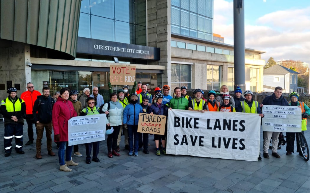 Cyclists protest outside Christchurch City Council this morning.