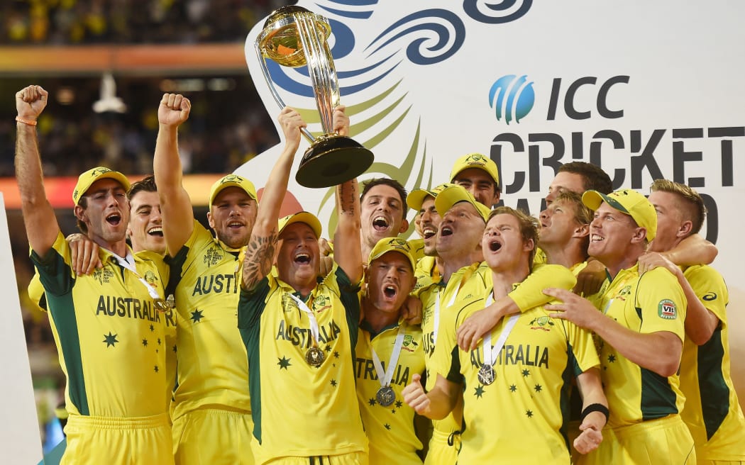 The Australian team with the Cricket World Cup.