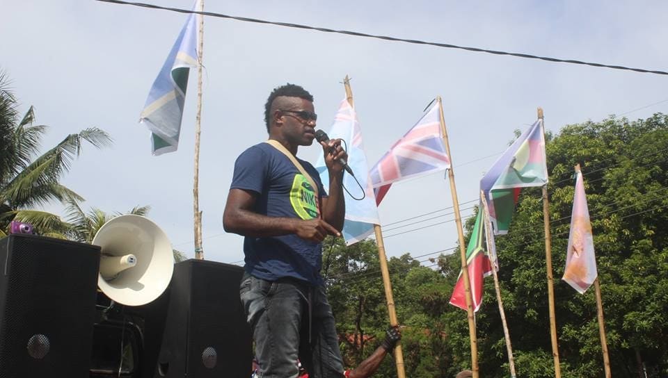 West Papuan professional footballer Eneko Pahabol addresses the crowd at the Liberation Movement demonstration in Jayapura, 13 April, 2016.