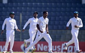 Bangladesh’s Shoriful Islam celebrates a wicket during the first test against the Black Caps in Sylhet.