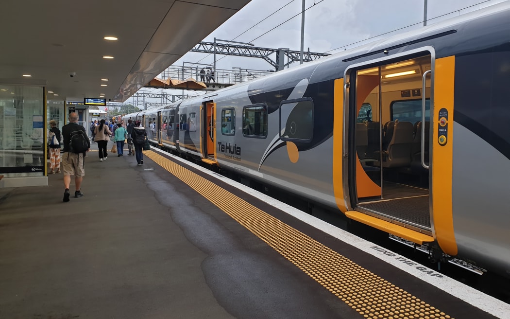 The first Te Huia commuter train from Hamilton to Auckland arrives at Papakura on Tuesday morning.